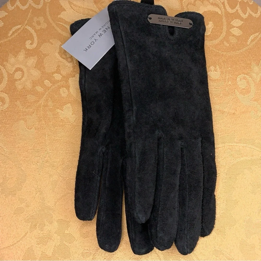 New Small Marc New York Black Leather Suede Gloves Womens Classic Luxury